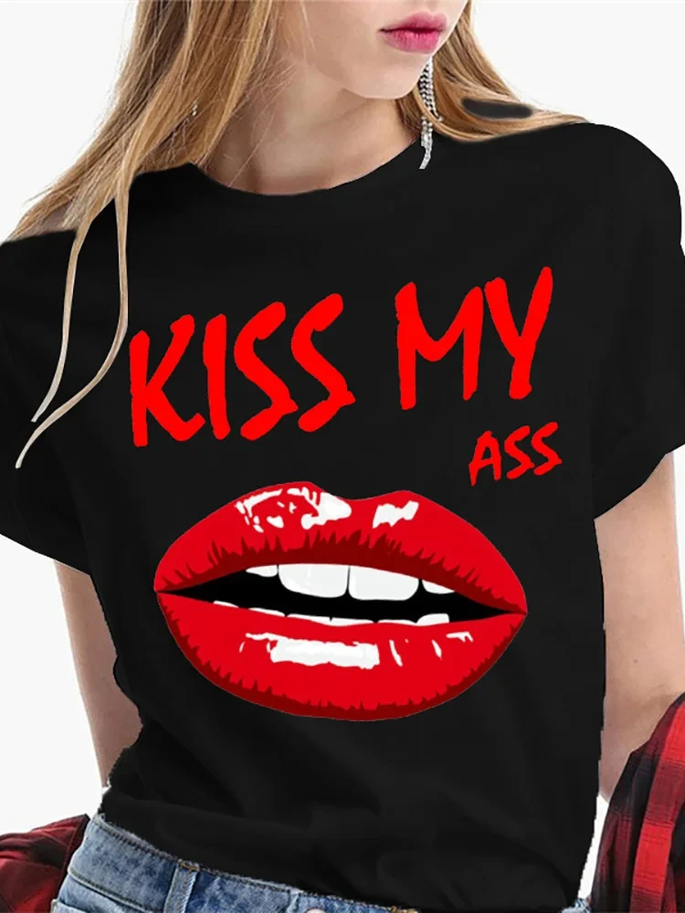 Summer Casual T Shirt dla kobiet Moda Okrągły dekolt sexy czarny Tshirt Funny Kiss Lip Odzież damska Usta Akwarela Grafika Topy