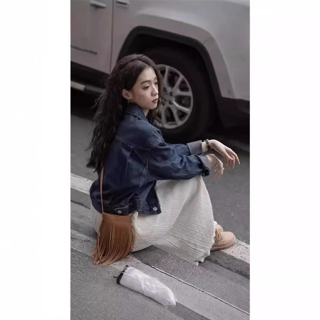 Chaquetas vaqueras para mujer, abrigo Vintage, ropa de calle de otoño 2025, ropa de calle de un solo pecho con bolsillos y cuello vuelto, prendas de vestir exteriores lavadas desgastadas