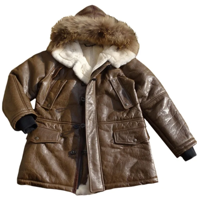 Brown Hooded Winter Shearling Jacket Men Casual Style Plus Size 5XL Genuine Natural Sheepskin Thick Warm Leather Coat