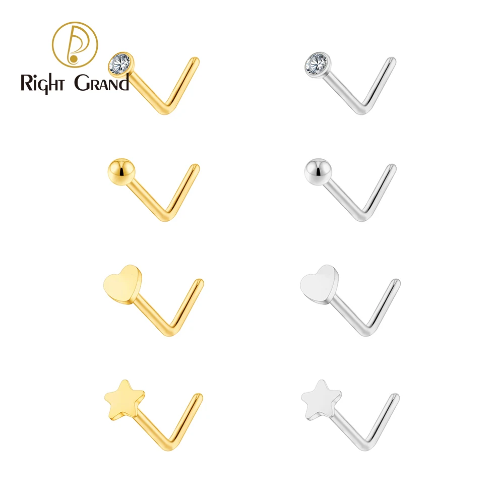 Right Grand ASTM F136 Titanium 20G L-Shaped Nose Nostril Stud Piercing Jewerly CZ/Ball/Heart/Star Nose Screw Stud Ring for Women