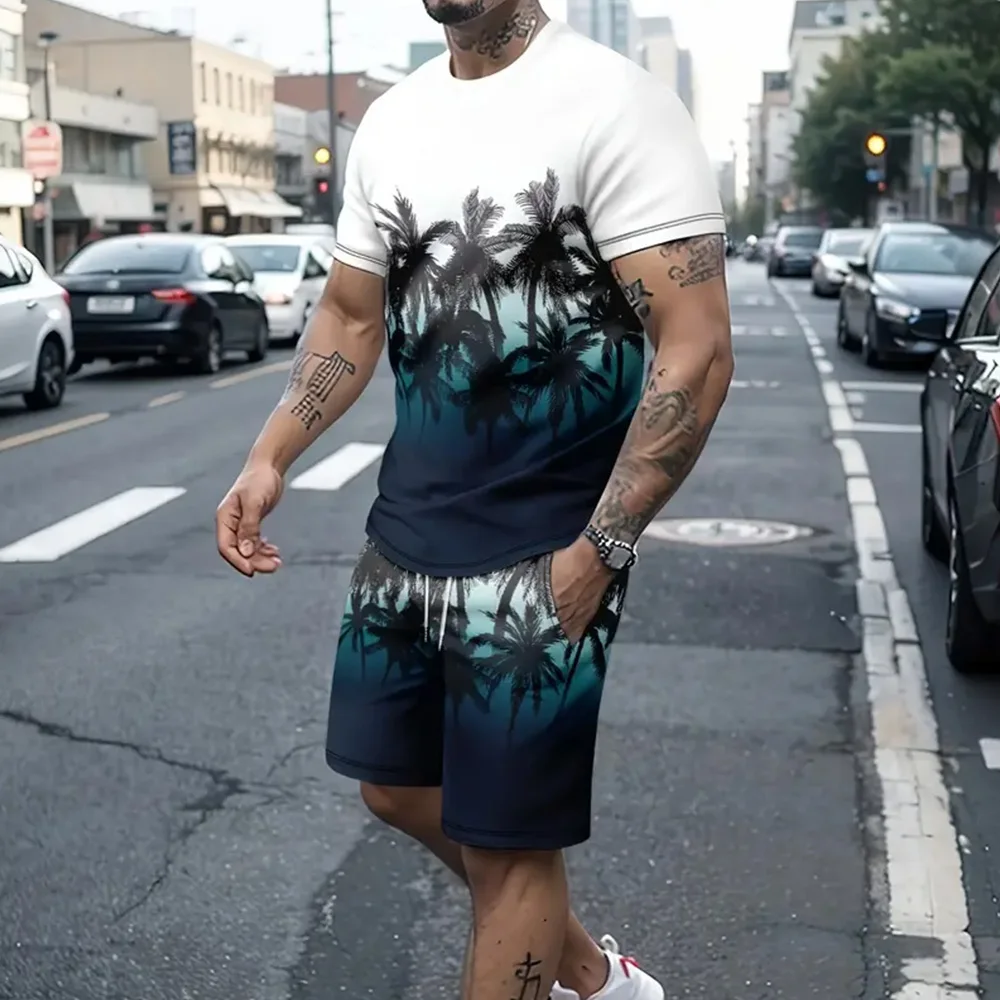 Trendy Men's Short Sleeve & Shorts Sets New Casual T-Shirts And Drawstring Shorts 2-Piece Set Summer Sportwear Men Clothing