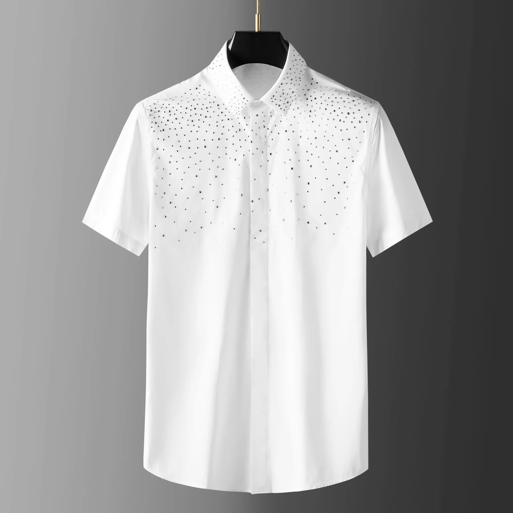 

Rhinestone Hot Stamping Shirt Men's Short Sleeved Slim Casual Nightclub Shirts Business Social Party Banquet Top Men Clothing