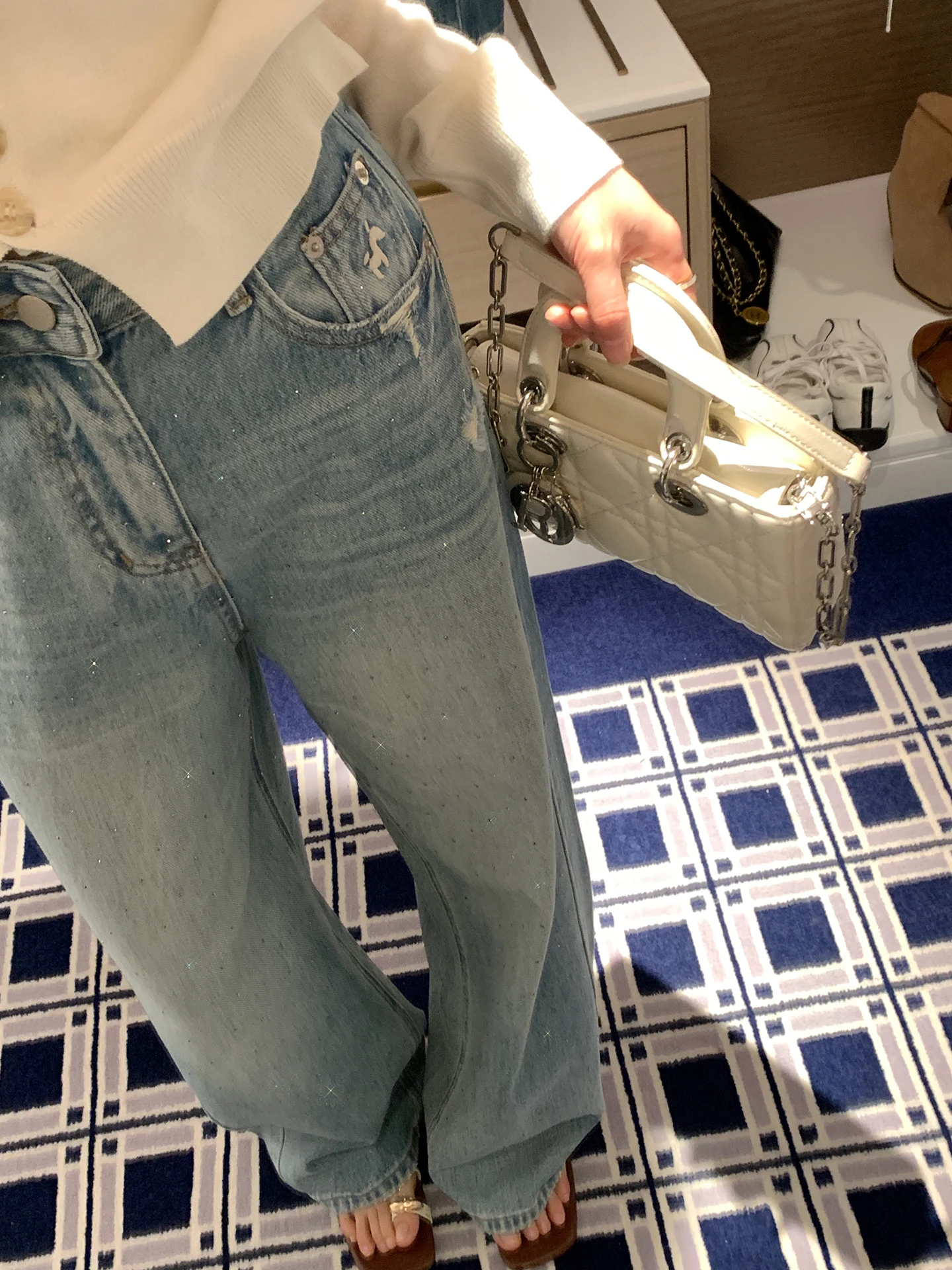 

New Arrival Benxe Embroidered Diamond Jeans Embroidery Loose Floor-Length Women's Jeans High Waist Cotton Denim