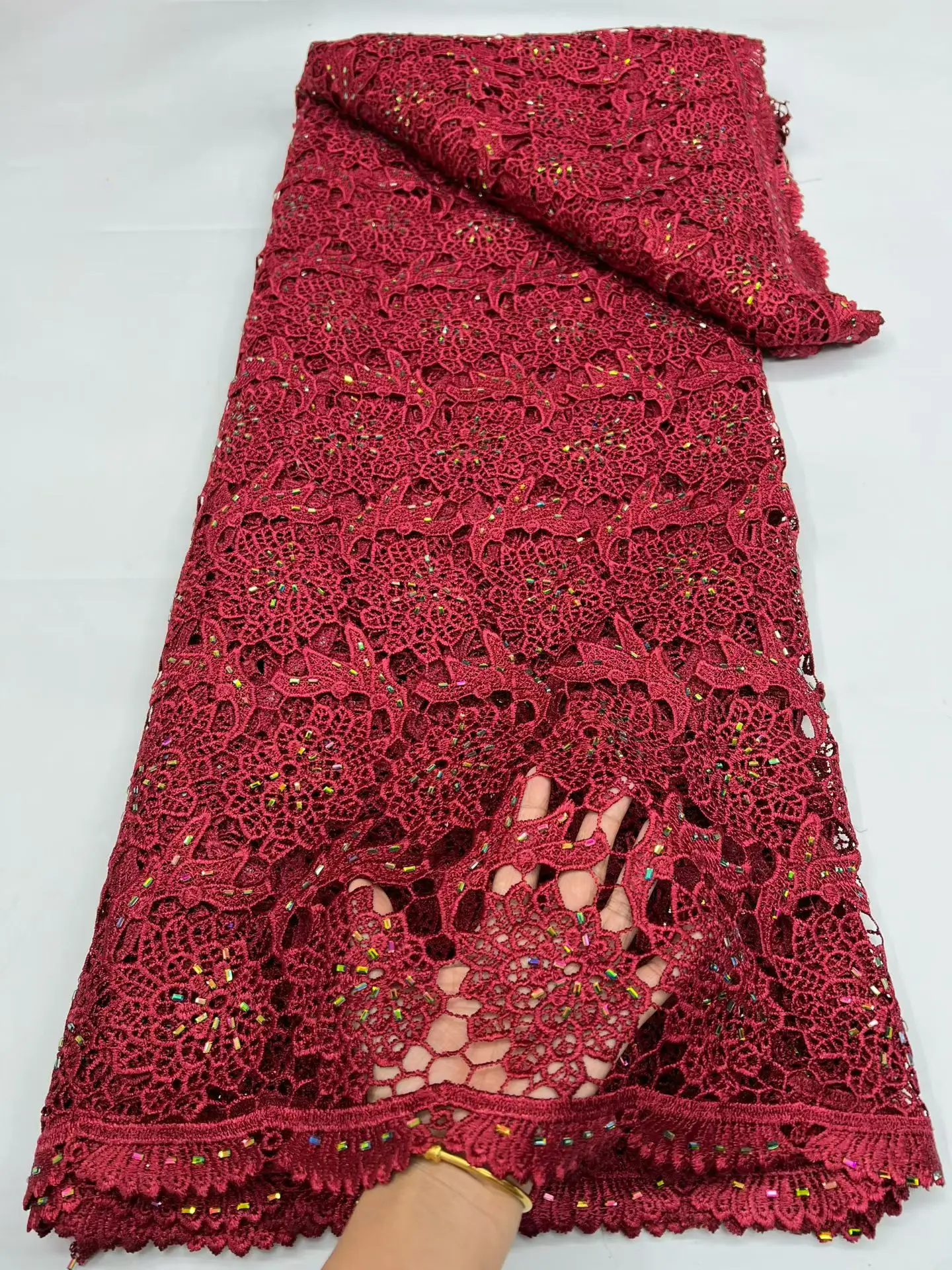 

African Cord Lace Fabric High Quality Water Soluble Nigerian French Guipure Red Lace With Stone For Wedding Dress Sewing M179-1