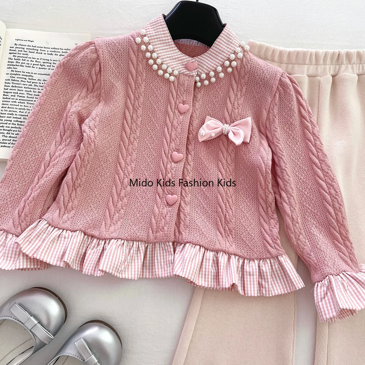 Girls' Spring/Autumn New Arrival 2025 Knitted Cardigan with Bow-Tie and Flared Trousers Two-Piece Casual Set for Baby Girls