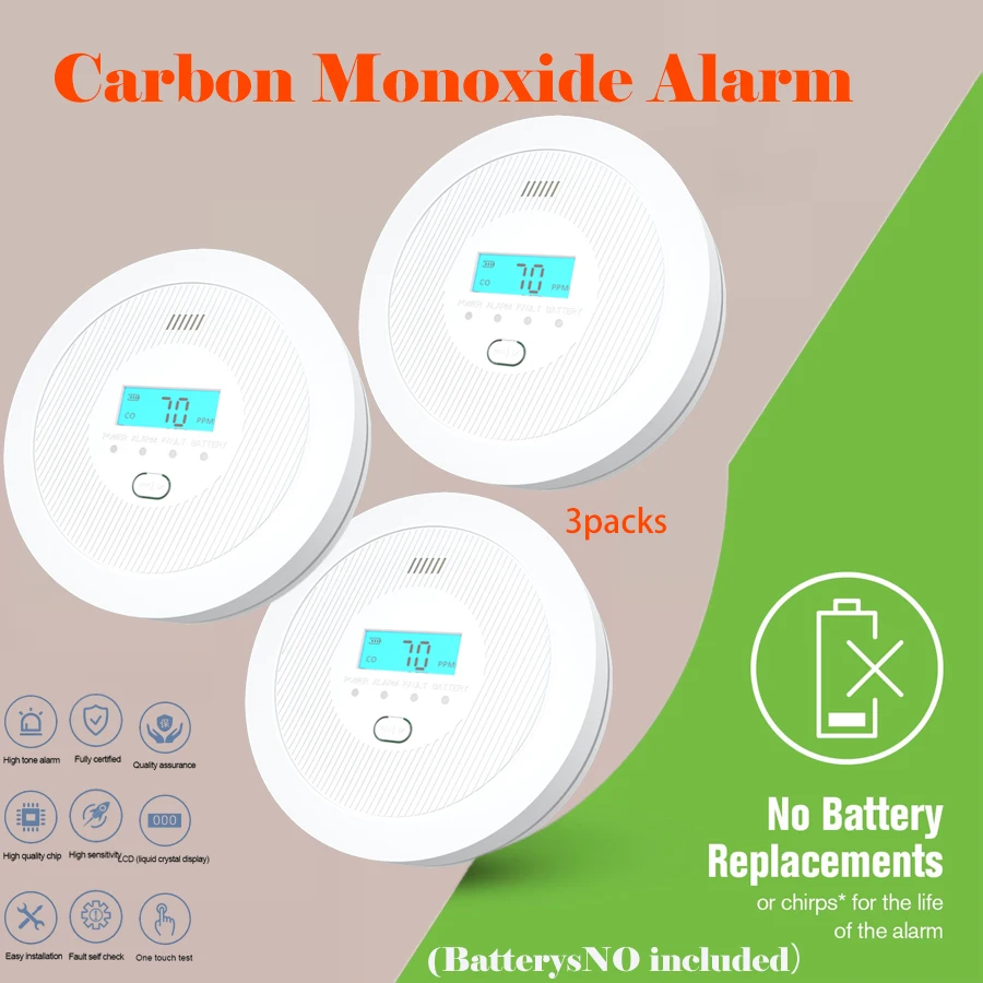 3packs Carbon Monoxide Detector Alarm, CO Detector with Digital LCD Display, Replaceable Battery Carbon Monoxide Detectors for H