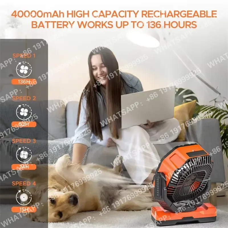 40000mAh Rechargeable Industrial Camping Fan with LED Light Auto-Oscillating Desk Outdoor Tent Fan Long Endurance