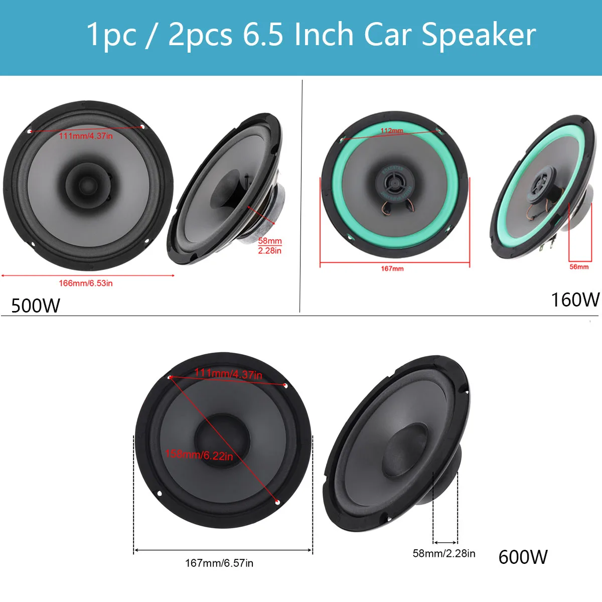 

1pc/2pcs 6.5 Inch 160W/500W/600W Car Coaxial Speaker Vehicle Door Audio Music Stereo Full Range Frequency Speaker Loudspeaker