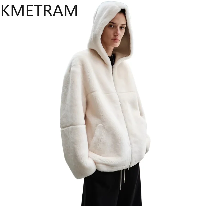 

KMETRAM Natural Merino Sheepskin with Wool Attached Coat Hooded Women Loose Real Fur Jacket Winter Jackets Woman Clothing 2026