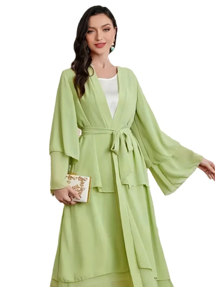 Eid Muslim Chiffon Abaya for Women Dress Lace-up Abayas Arab Cardigan Jalabiya Party Dresses Kaftan Vestidos Long Robe Jalabiya