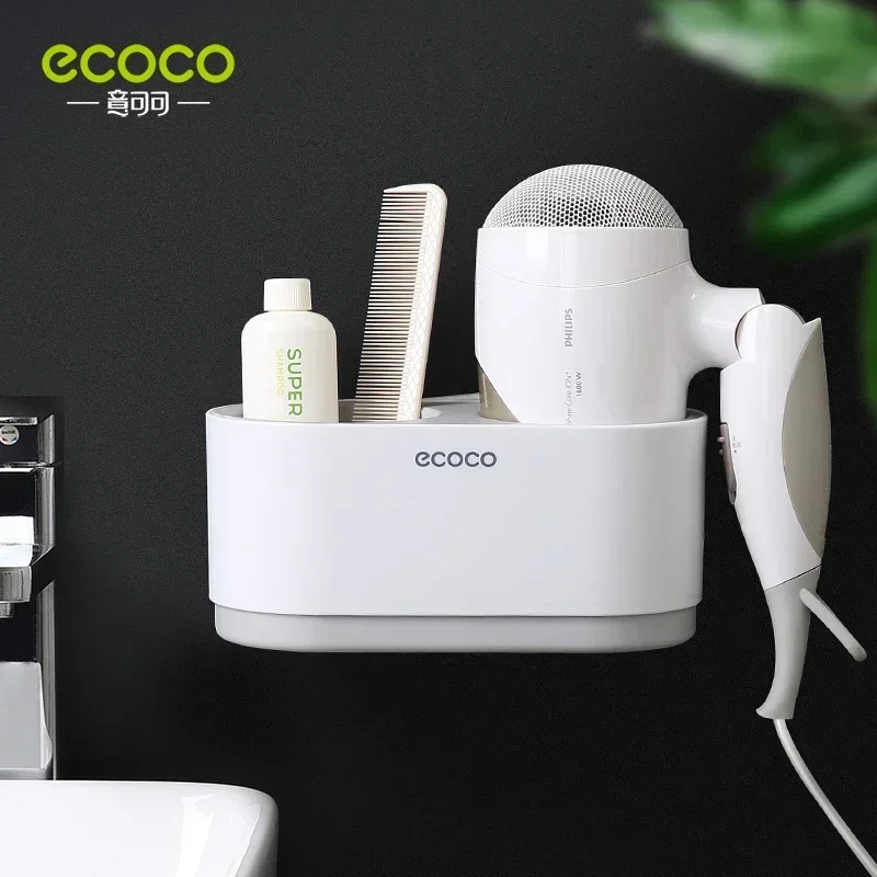 ECOCO Hair Dryer Rack Wall Mounted Punch Free Bathroom Accessories Set Home Bathroom Shelve Bathroom Holder Tool Drainage