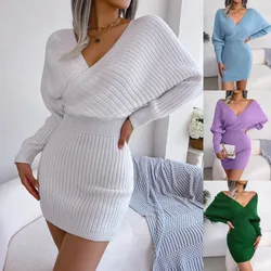 2024 Sexy Cross V-neck Bat Skirt Bag Hip Dress Woolen Dress Women's Dress for Women Vestido  Streetwear Clothes sweater