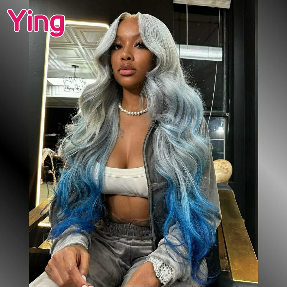 Omber Silver Grey Blue Colored 200% Body Wave 13x6 Lace Frontal Human Hair Wigs PrePlucked Brazilian 5x5 Lace Closure Wigs