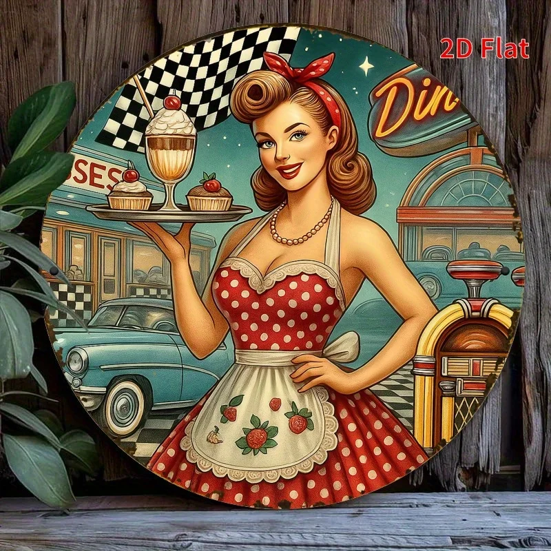 Vintage 1950s Pin Up Girl Diner Round Tin Sign, Retro Rockabilly Waitress Dessert Classic Car Jukebox Metal Wall Art, Rustic Ame