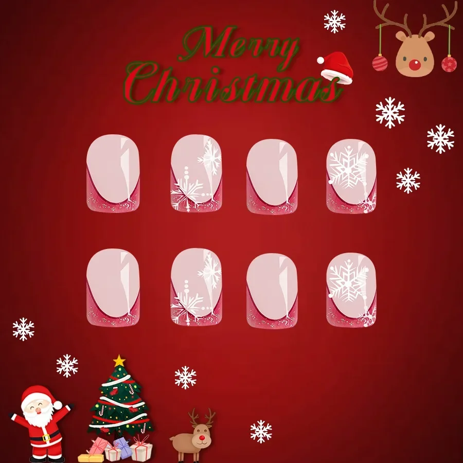 24pcs Red Christmas French Press on Nails Reusable Short Full Cover Nail Tips with Snowflake Design for Women&girls Fake Nail