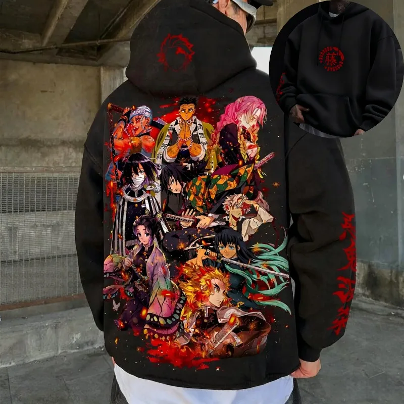 

Мужские осенне-зимние толстовки с капюшоном в японском стиле аниме «Убийца демонов», одежда с графикой, большие топы из 100% хлопка, пуловер Y2k, спортивная одежда