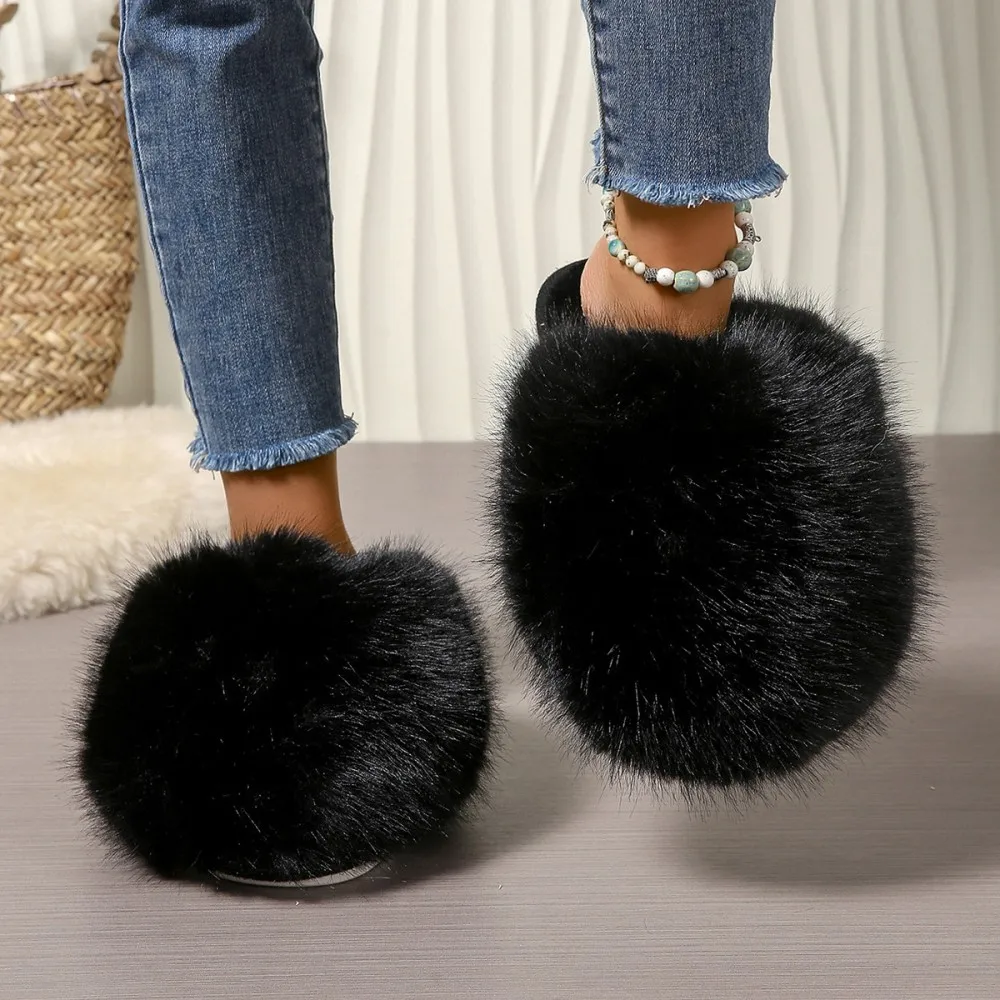 Winterfellige Damen-Hausschuhe, bequeme Flip-Flops, flache Pantoffeln, Indoor-Schlafzimmer-Plüschschuhe für Damen – Detail 12
