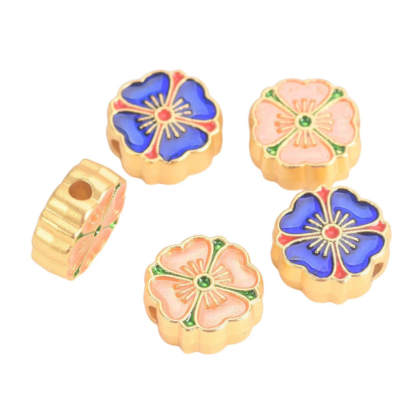 

10pcs Two-sided Blue/Peach Color Enameled Flower Shape 10mm Golden Color Copper Metal Loose Beads For Jewelry Making