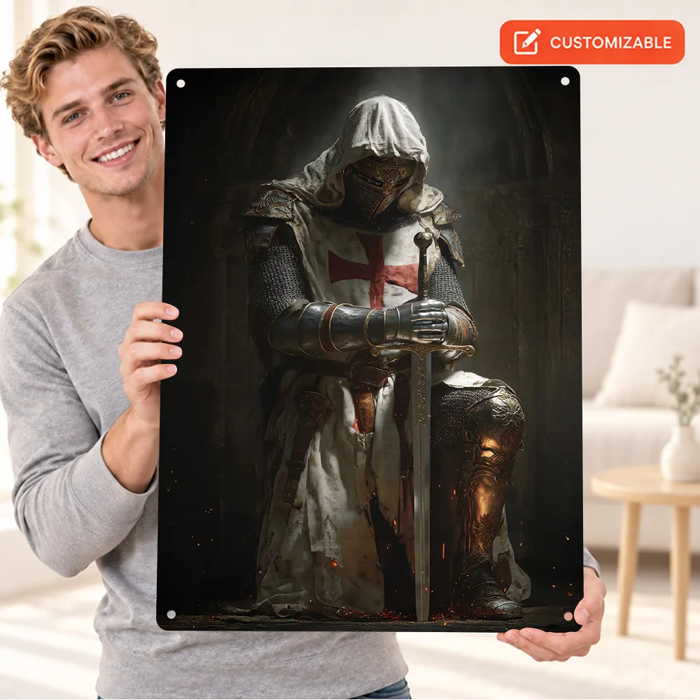 Knight Templar With Sword Warrior Aluminum Poster Customized Metal Sign Illustrated Wall Art For Study Room Decor Scholar Gift