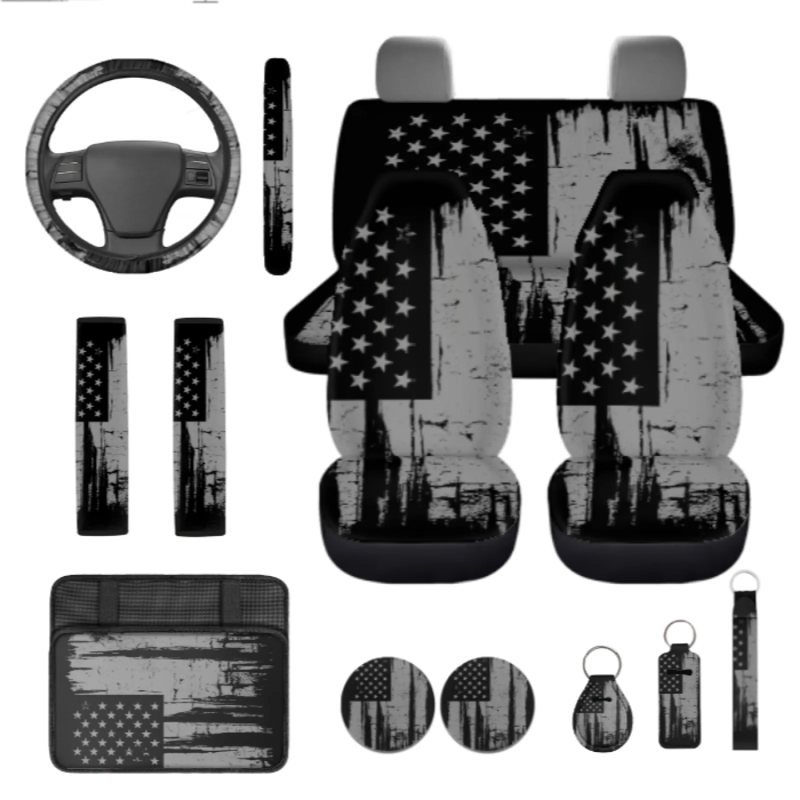 Coloranimal US Flag Set of 13 Car Seat Covers Set with Comfortable Lip Balm Pouch and Car Armrest Protective Cover for Most Cars