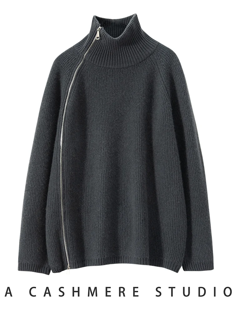 

Women 100% Cashmere Slant Open Collar Zipper Sweater Cardigan Autumn Winter Turtleneck Sweater Soft Warm Thick High Quality Tops
