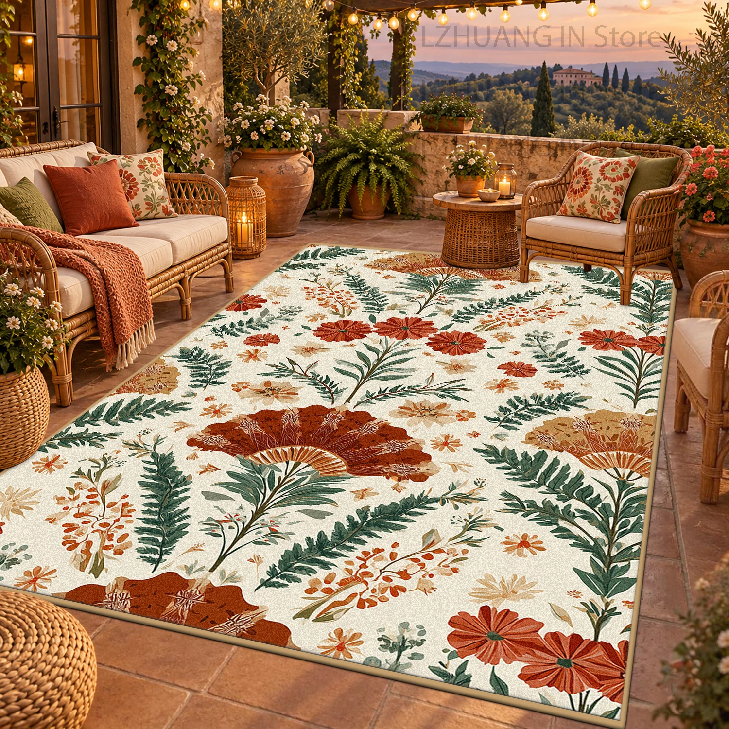 Vintage Floral Living Room Area Rug Warm Tone Soft Non-slip Patio Carpet Cottagecore Home Decor Easy Clean Floor Mat for Bedroom