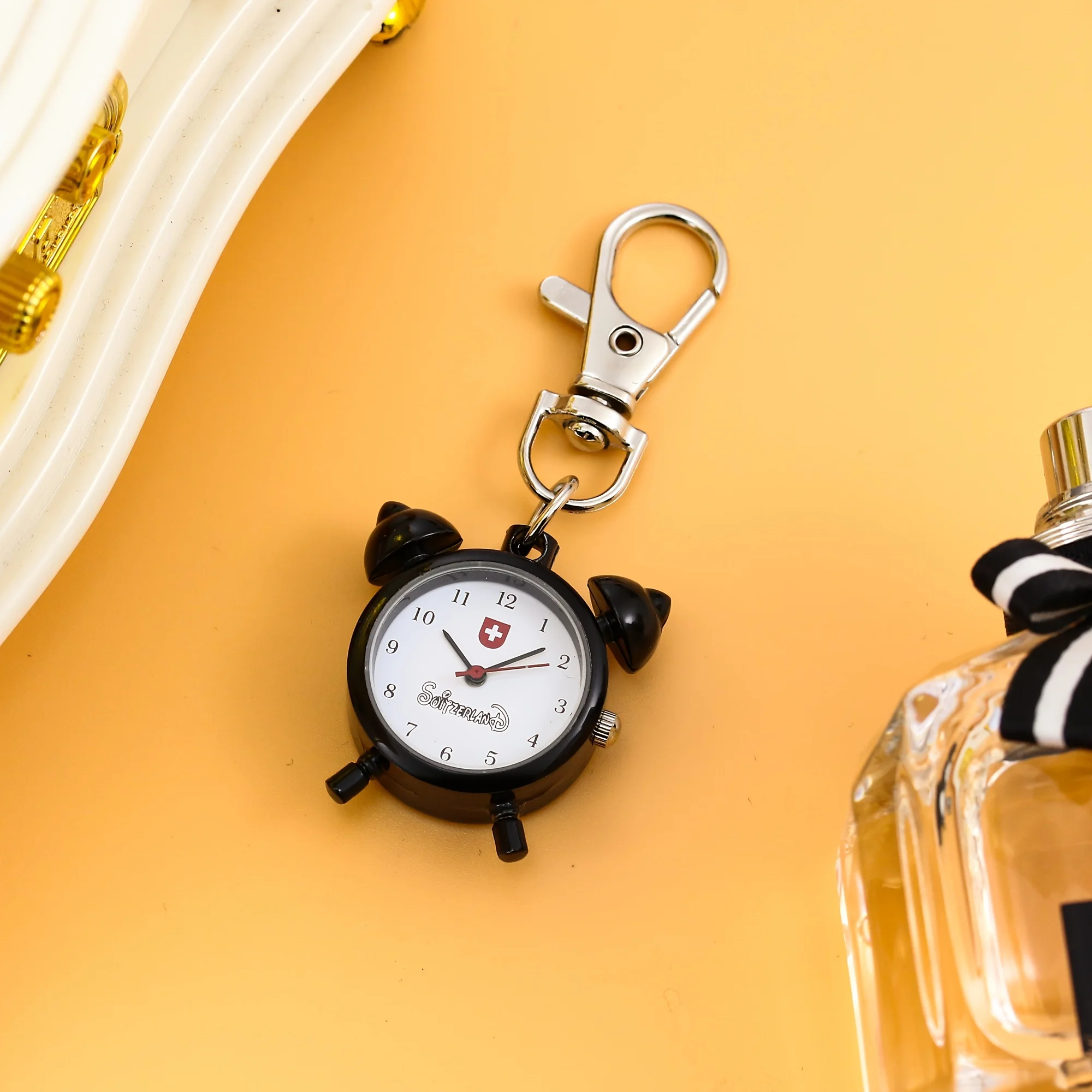 Mini cute little alarm clock shaped hanging watch keychain watch pocket cartoon keychain creative hanging decoration keychain
