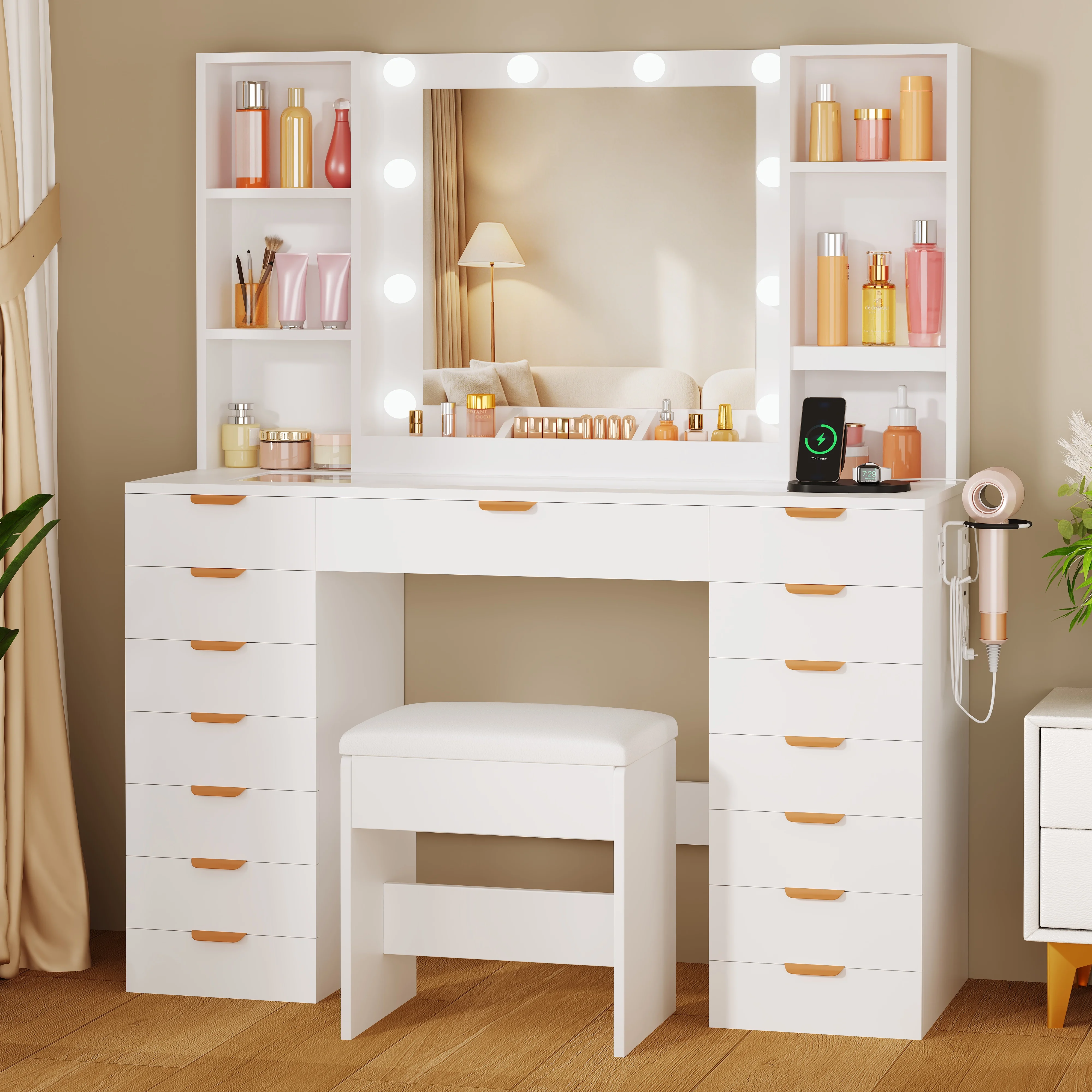 Vanity Desk with Mirror and LED Lights, Makeup Vanity Table with Glass Top, 15 Drawers, Built-in Power Outlet, Stool, Jewelry Organizer Tray, Smooth Quiet Drawers for Bedroom