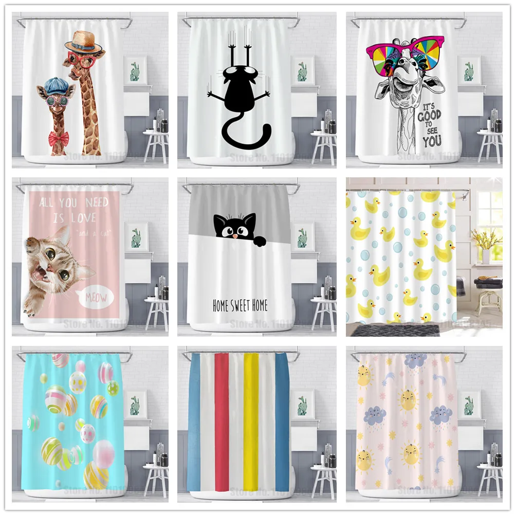 Funny Giraffe with glasses Hat Shower Curtain Little Yellow Duck Black Cat Bath Curtains Waterproof Cartoon Bathroom Home Decor