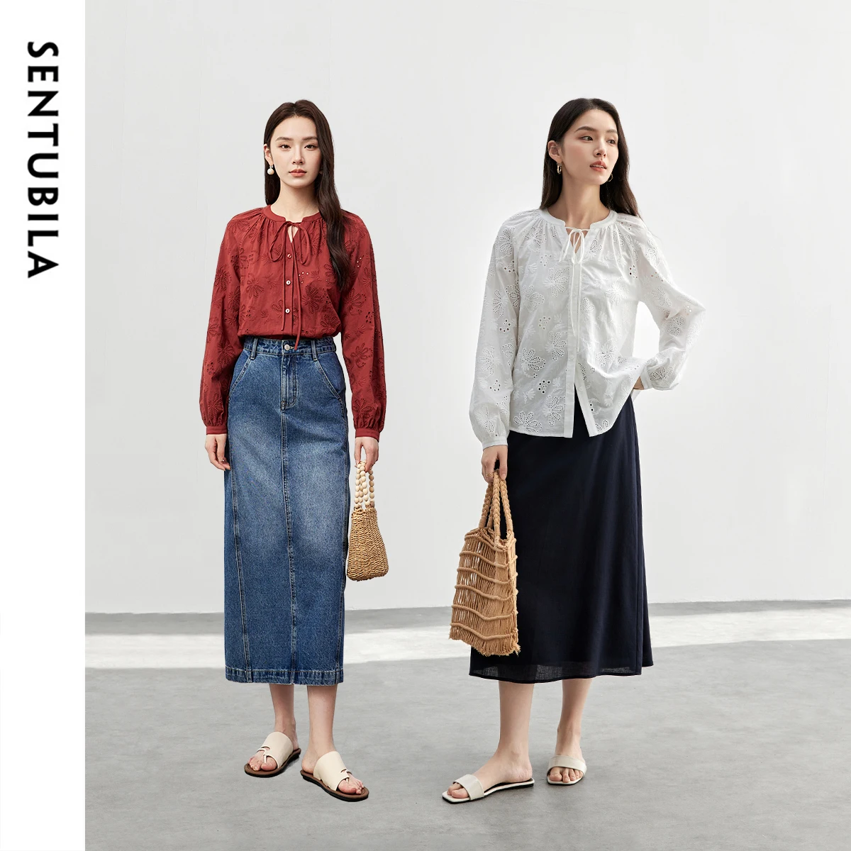 

SENTUBILA 100% Cotton Women's Shirts 2025 Spring Loose Fit Comfort Lace-up V Neck Hollow Embroidery Elegant Tops 151C58156