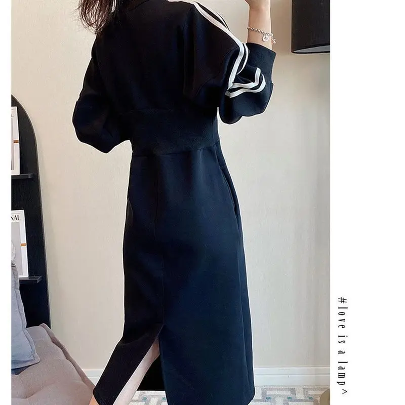 Plus Size 5XL 130KG Autumn Long Sleeve T Shirt Women Black Dress High Waist Maxi Split Dresses