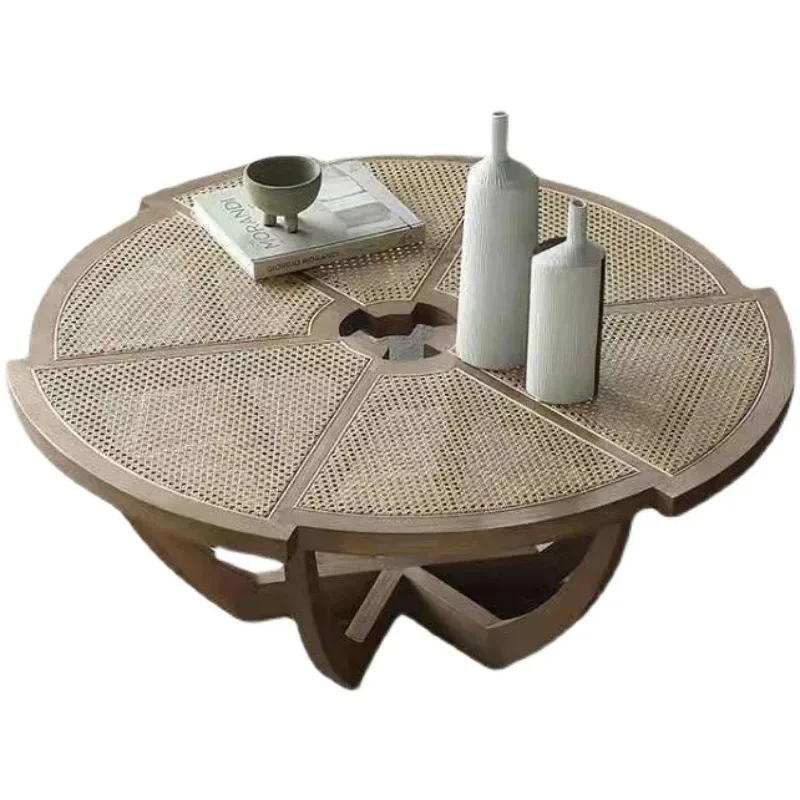 Solid wood rattan coffee table, table small apartment log, Nordic design modern, creative living room home, round low table