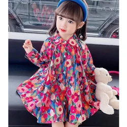 2-8 Years Spring Summer Girls Dress Full Print Flower Oil Painting Style Lapel Single Breasted Princess Dress For Girl