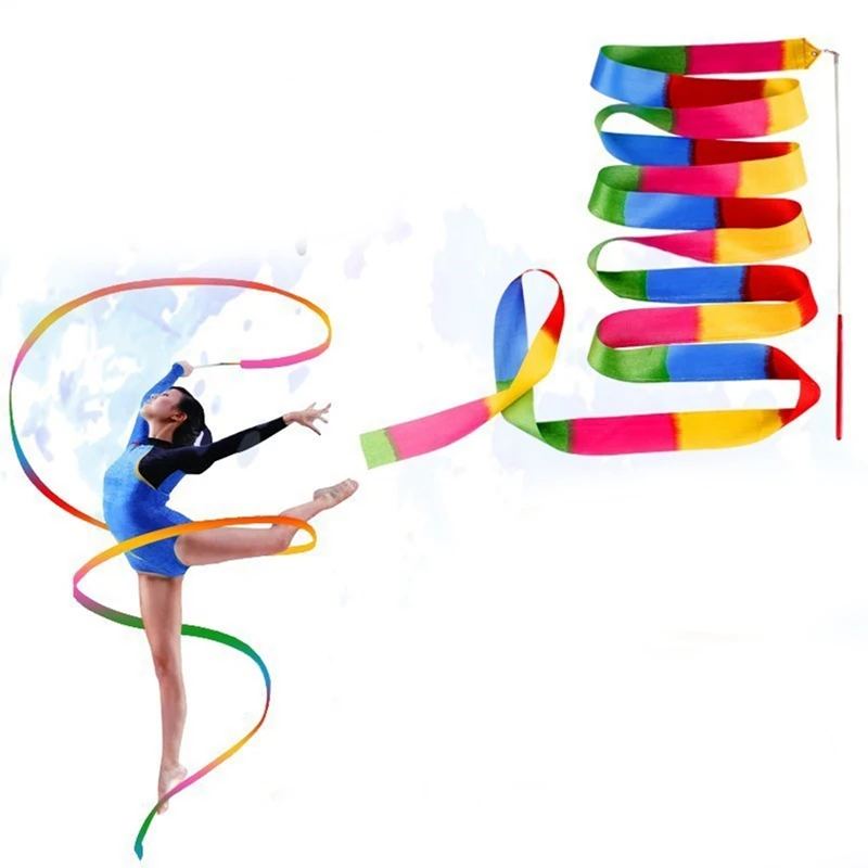 2M Colorful Gym Dance Ribbon Rhythmic Girl Art Gymnastics Ballet Streamer Twirling Rod Rainbow Stick Sports Training