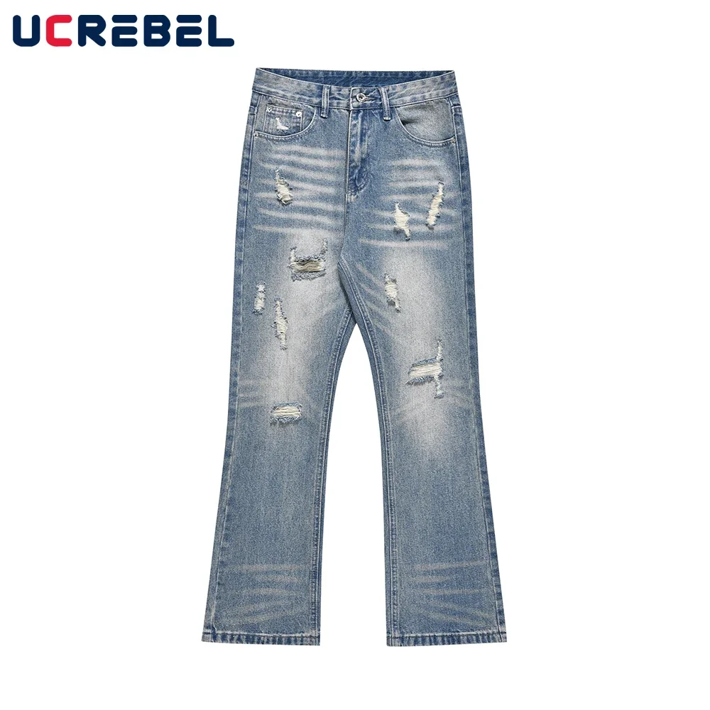 Ripped Hole Casual Denim Pants Mens Retro Washed Distressed Loose Straight-leg Vibe Style Flared Pants