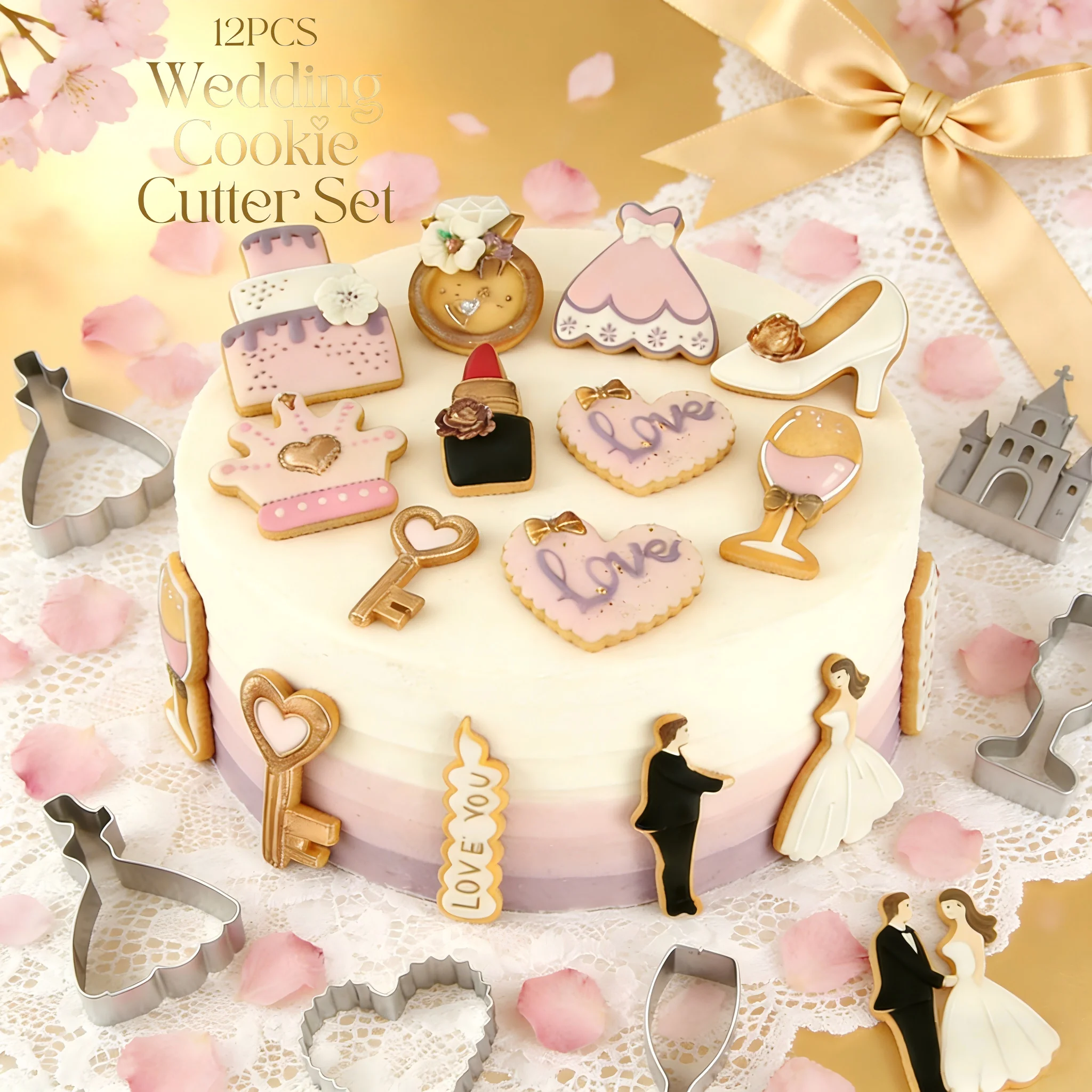 12PCS Wedding Cookie Cutter Set Stainless Steel Bride Groom Gown Ring Molds for Fondant Baking Engagement Valentine Party