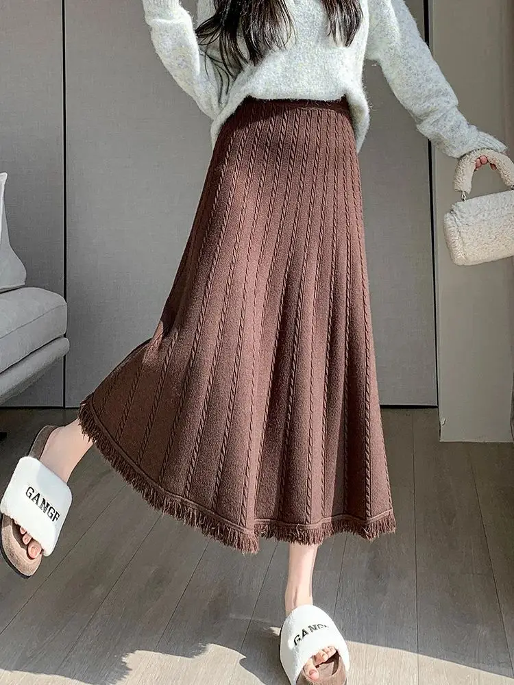 

Knitted Thicken Skirts For Women 2024 New Autumn Winter A-Line Style Solid Color High Waist Long Skirt With Tassel