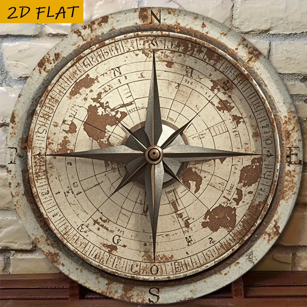 2D Flat, 2D Flat - 1 Vintage Compass Wall Decor | 20.32x20.32cm Round Plaque with Distressed Finish, Perfect for Home, Bar, and