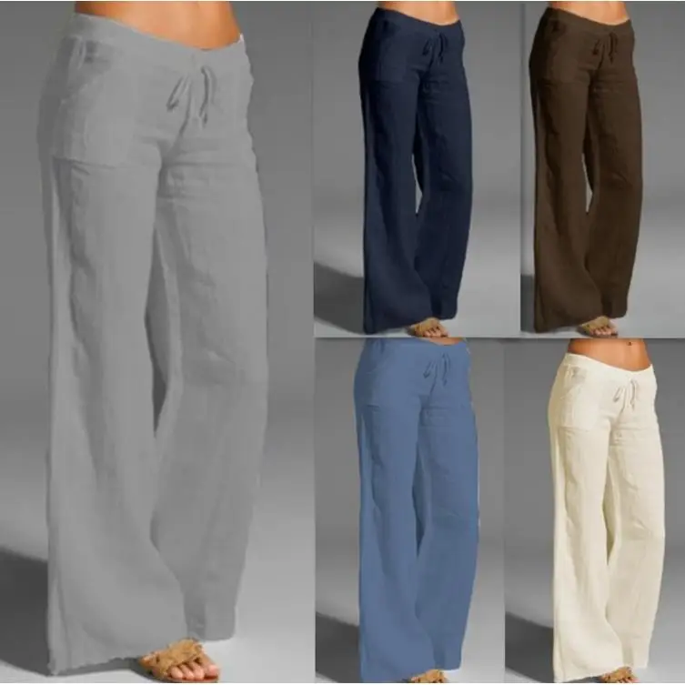 Women's Loose Wide Leg Cotton Linen Drawstring Trousers Color Casual Pants plus Size New Arrival Bottoming Trousers — купить у AliExpress WW