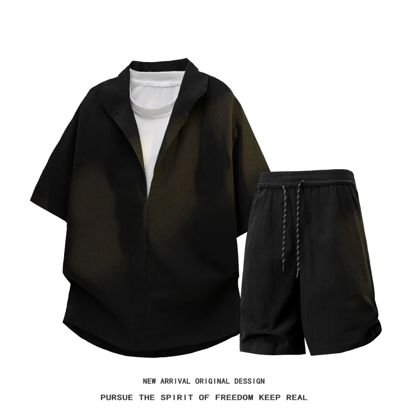 

Men's Summer Pullover Shirt Shorts Set Loose Lapel Short Sleeve Beach Suit Outdoor Two-Piece Sweatsuit for Comfortable Casual We