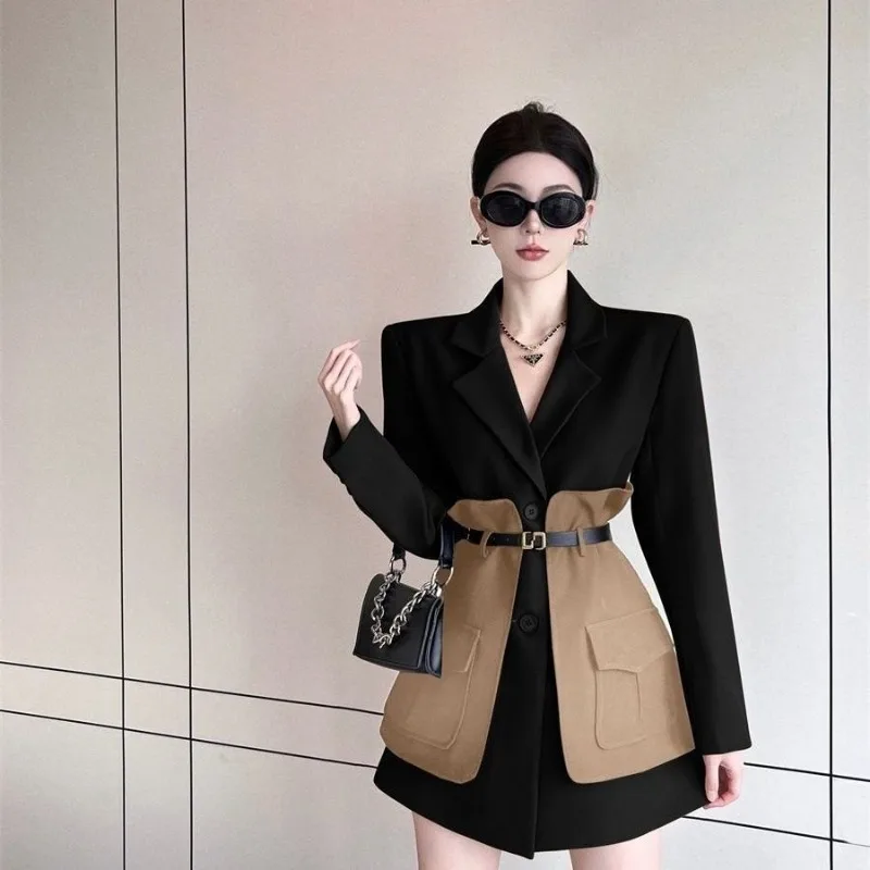 Spring Autumn New Korean Version Suit Jacket Fake Two-piece Splicing Design Niche Temperament Slim and Thin Popular Small Suit