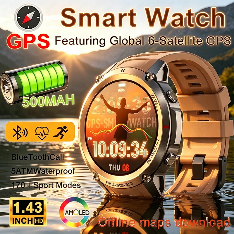 

2026 New DM59 6 -Satellite GPS Smart Watch 5ATM Waterproof 500MAH 1.43" HD AMOLED Bluetooth call Outdoors Sports Smart Watch Men