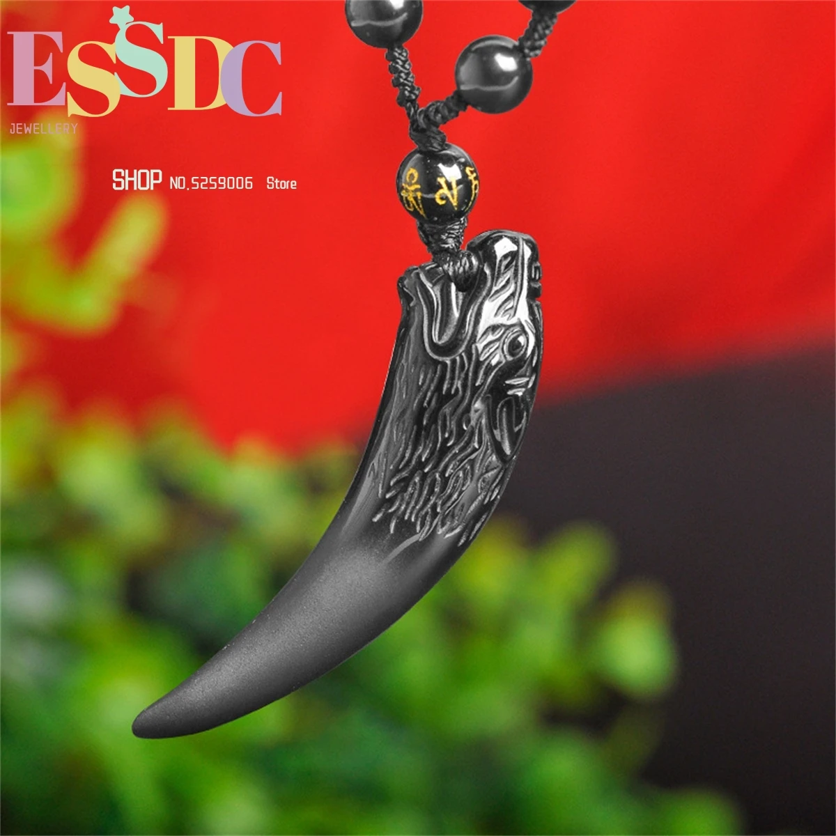 

Natural Black Obsidian Bead Necklace Hand-Carved Wolf Tooth Jade Pendant Fashion Charm Jewellery Lucky Amulet Gifts for Men