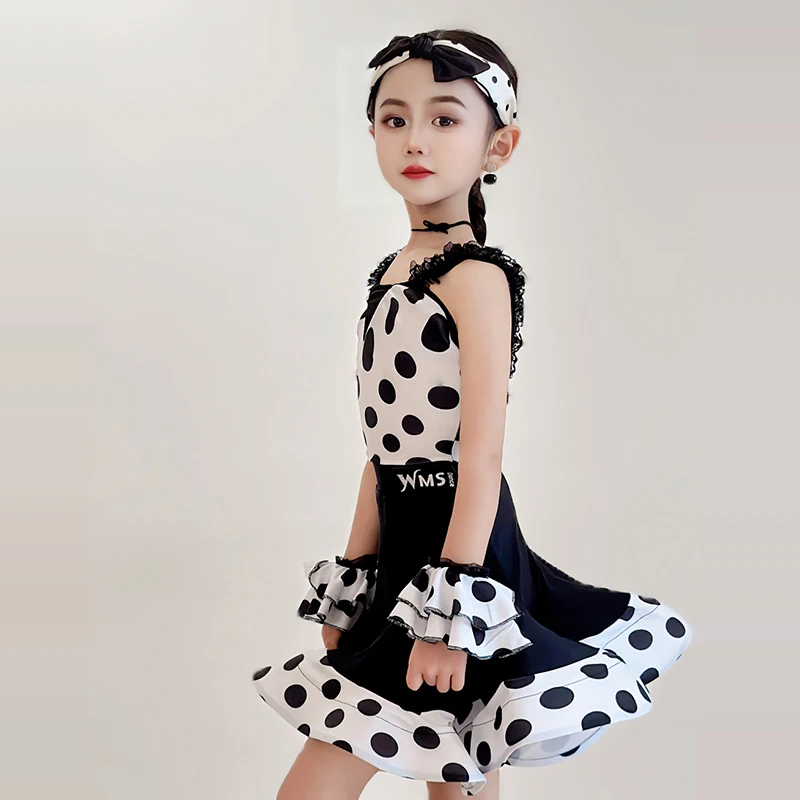 Latin Dance Performance Kleid Mädchen Sommer Balck Polka Dot Dance Anzug Rüschen Röcke Set Cha Cha Rumba Tanzen Bühne Tragen AMY1909
