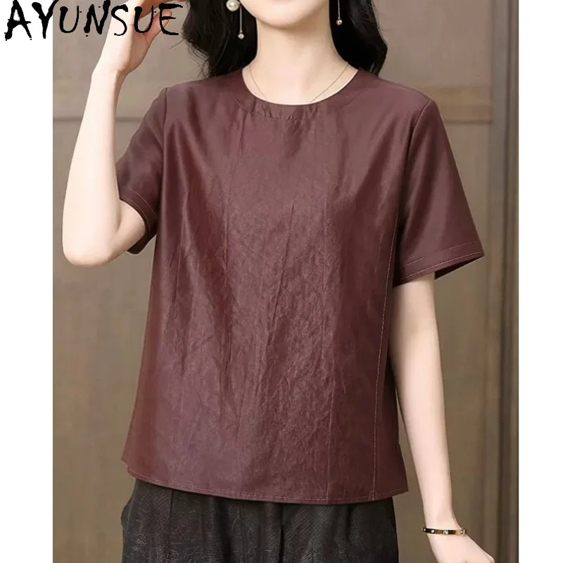 AYUNSUE 100% Real Mulberry Silk T Shirt Women Cracked Pattern Xiangyunsha Woman T Shirt Slimming Summer Clothing 2026 Ropa Mujer