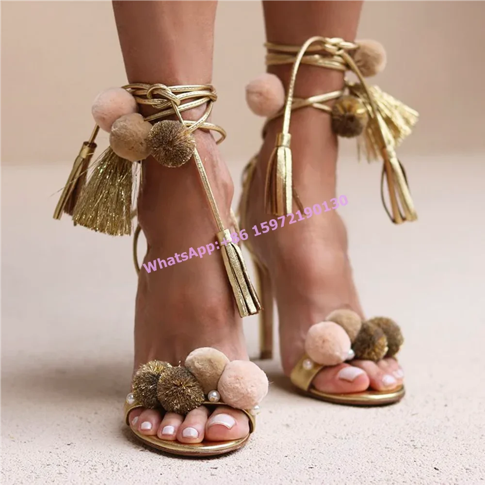 

Fur Ball Pearl Sandals Fringe Ankle Band Cross Tied Peep Toe Lace Up Silvery Gold Shoes Luxury Niche Design Elegant Lovely Shoes
