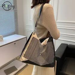 Female Shoulder Canvas Bag New Design Geometric Stripe Print Bags Hit Color High Capacity Underarm Tote Bag Сумка Женская Сумки