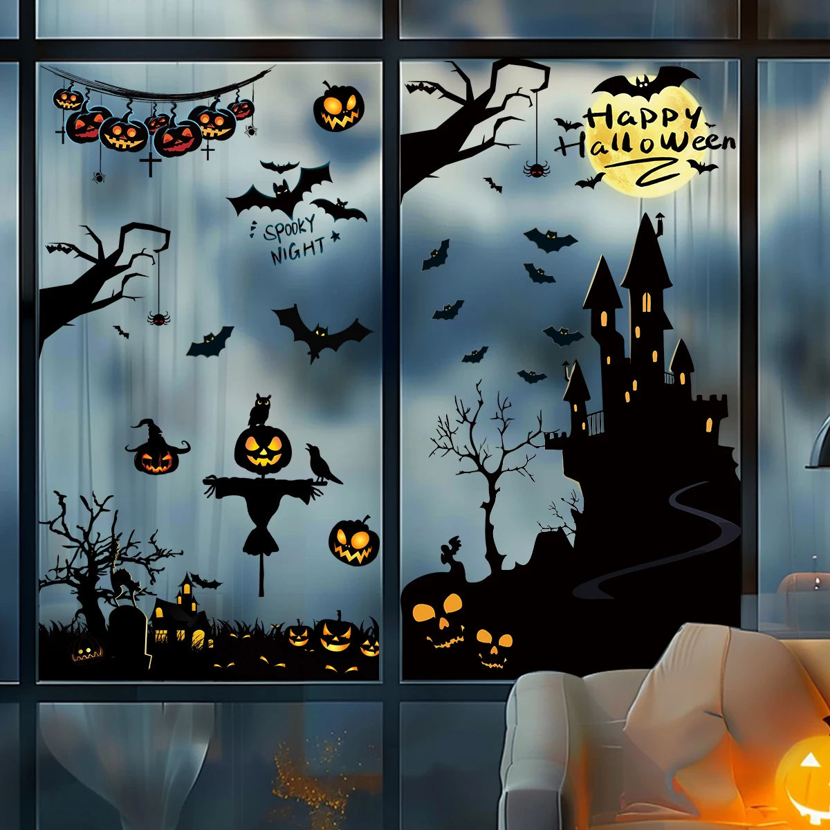 3pcs Halloween Castle Bat Silhouette Windows Stickers for Bedroom Decoration Living Room Decor Background