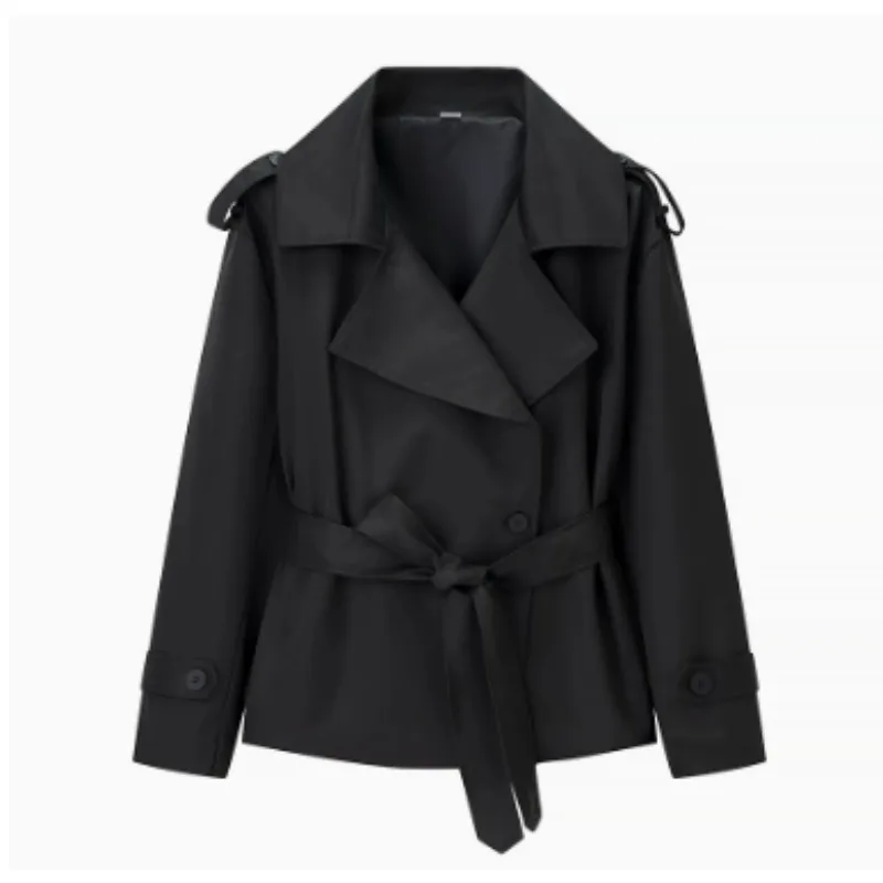 Aliexpress\'s Best-selling Cross-border European and American Style Women\'s Solid-color Belted Short Jacket Trench Coat Fashion