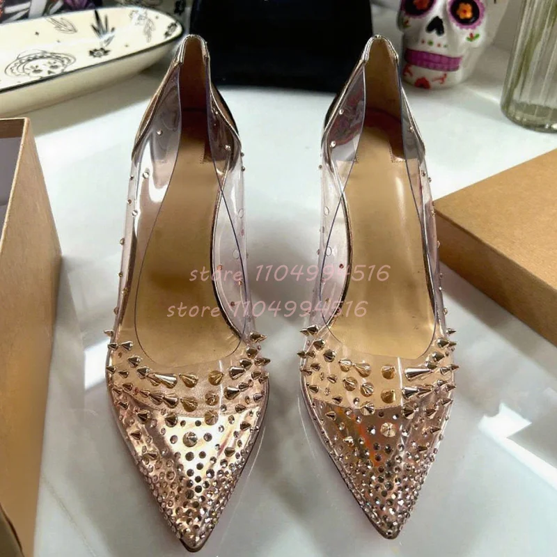

Gold Rivet Pvc Bow Stiletto Pumps Women Purple Rhinestone Pointed Toe Slip On High Heels Fashion Fashion Party Wedding Shoes New